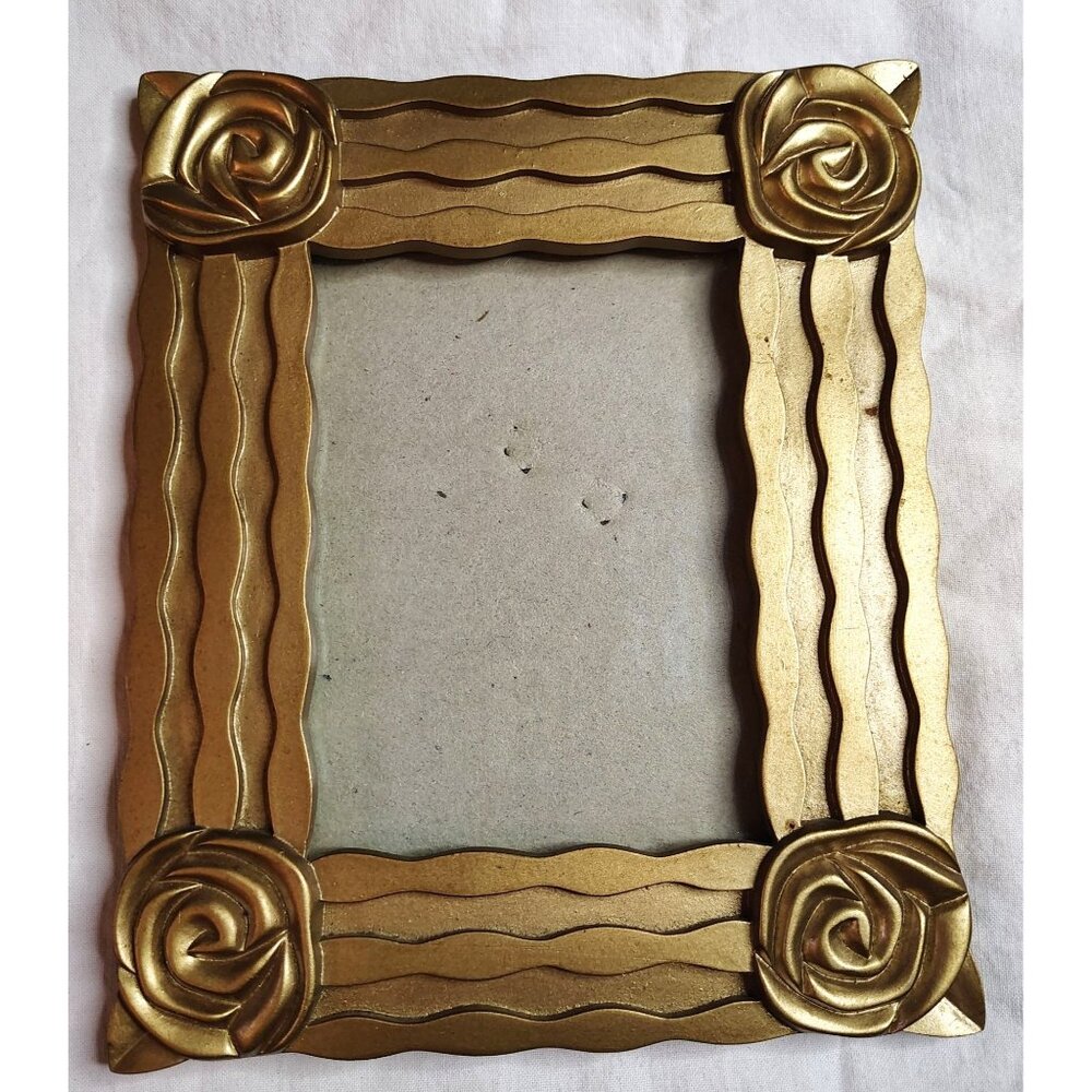 Gold Tone Picture Frame Sculpted Rose Corners 3.5x5 Designer Art Deco Vintage